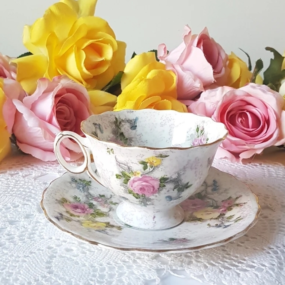 Antique Bone China England Tea Cup & Saucer, Hand Painted Floral, Wide Mouth Cup